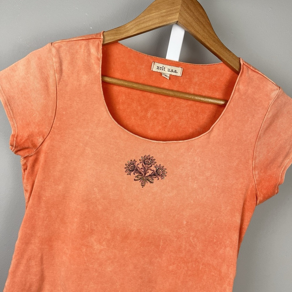 XCIT Babydoll T-Shirt Top Womens M Orange Embellished Flower Vintage‎ Y2K